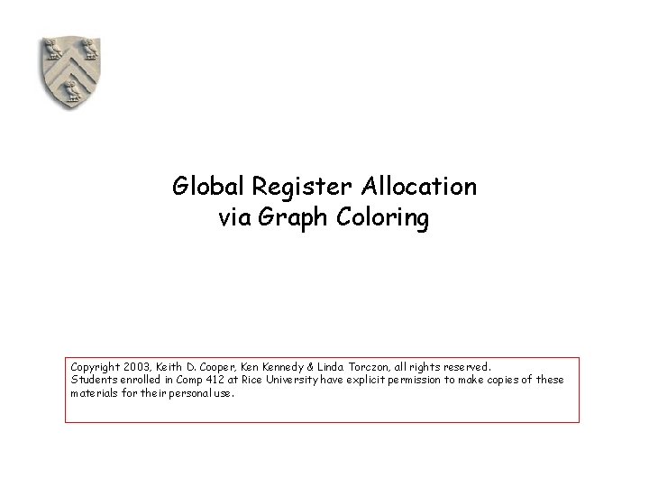 Global Register Allocation via Graph Coloring Copyright 2003, Keith D. Cooper, Kennedy & Linda