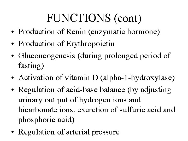 FUNCTIONS (cont) • Production of Renin (enzymatic hormone) • Production of Erythropoietin • Gluconeogenesis