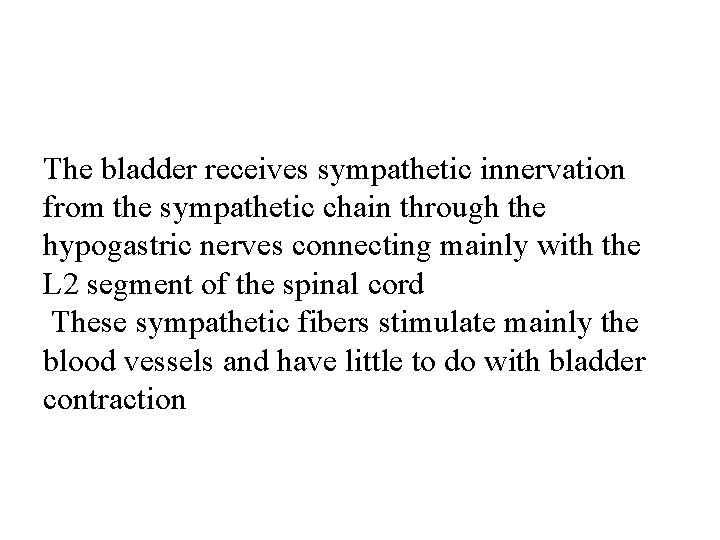 The bladder receives sympathetic innervation from the sympathetic chain through the hypogastric nerves connecting