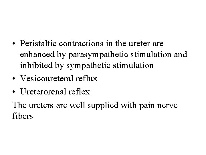  • Peristaltic contractions in the ureter are enhanced by parasympathetic stimulation and inhibited