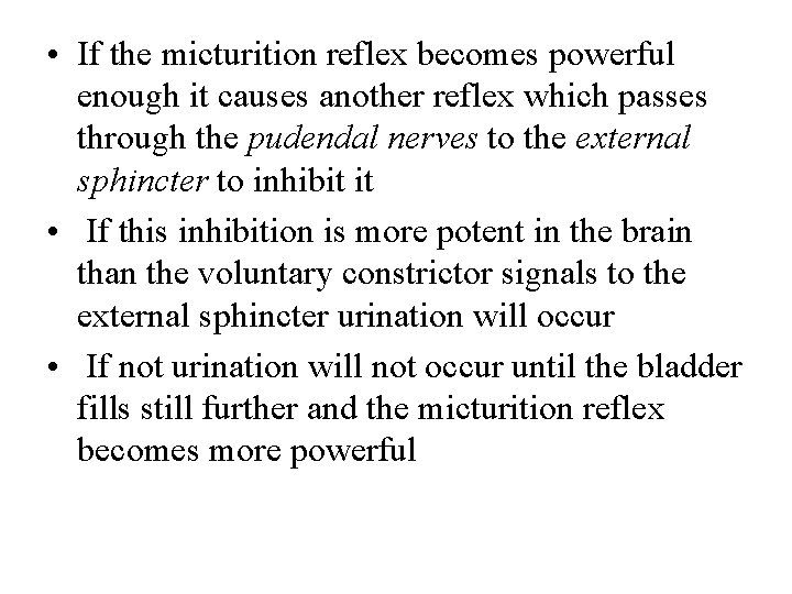  • If the micturition reflex becomes powerful enough it causes another reflex which