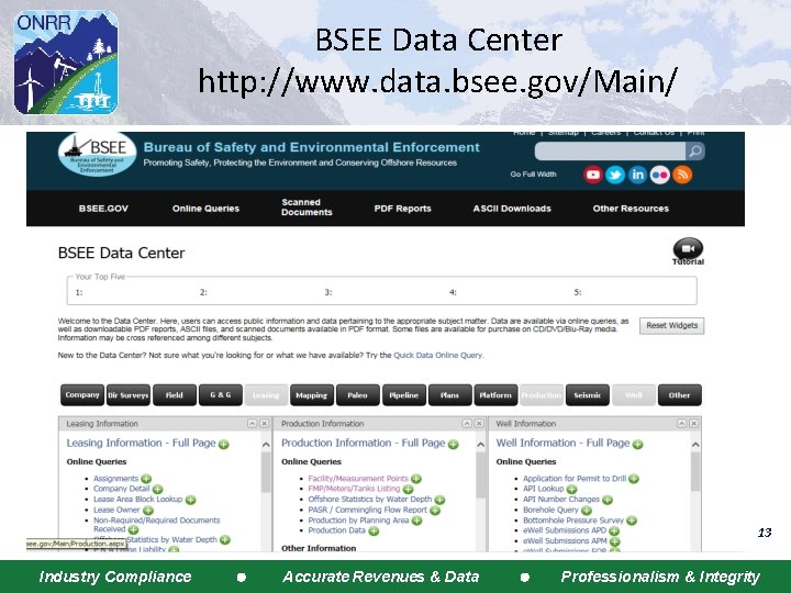 BSEE Data Center http: //www. data. bsee. gov/Main/ 13 Industry Compliance Accurate Revenues &