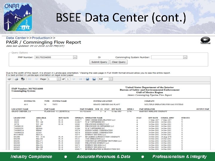 BSEE Data Center (cont. ) 24 Industry Compliance Accurate Revenues & Data Professionalism &