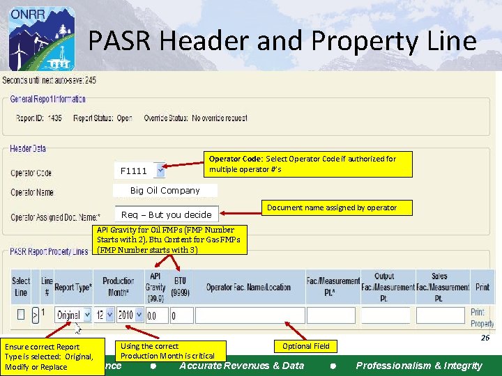 PASR Header and Property Line F 1111 Operator Code: Select Operator Code if authorized