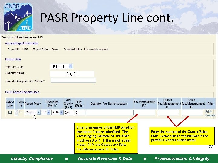 PASR Property Line cont. F 1111 Big Oil Enter the number of the FMP