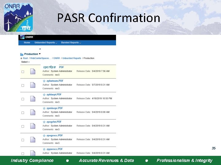 PASR Confirmation zpcnfpsr 35 Industry Compliance Accurate Revenues & Data Professionalism & Integrity 