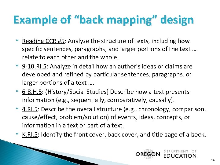 Example of “back mapping” design Reading CCR #5: Analyze the structure of texts, including