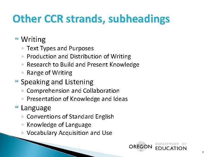 Other CCR strands, subheadings Writing ◦ ◦ Text Types and Purposes Production and Distribution