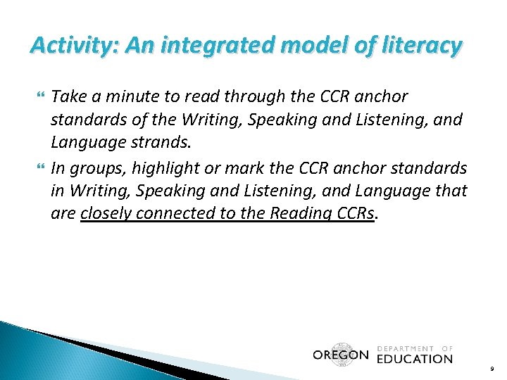 Activity: An integrated model of literacy Take a minute to read through the CCR