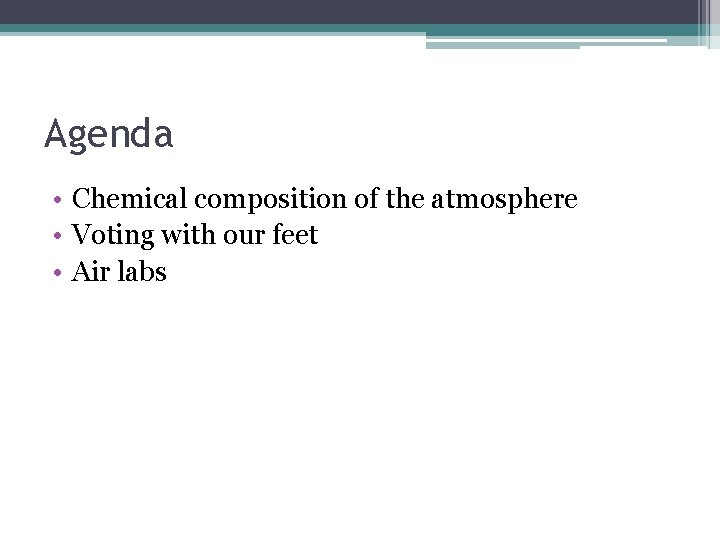 Agenda • Chemical composition of the atmosphere • Voting with our feet • Air