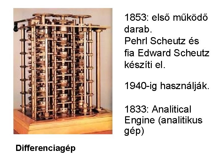 1853: első működő darab. Pehrl Scheutz és fia Edward Scheutz készíti el. 1940 -ig