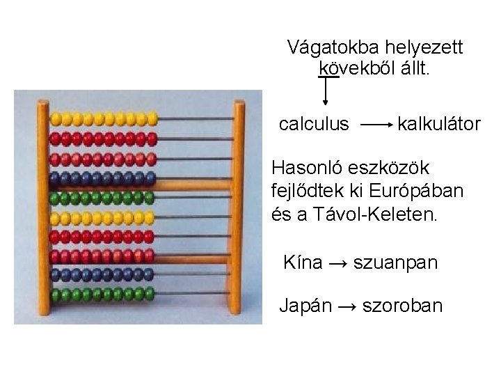 Vágatokba helyezett kövekből állt. calculus kalkulátor Hasonló eszközök fejlődtek ki Európában és a Távol-Keleten.