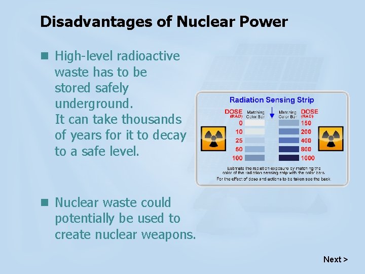Disadvantages of Nuclear Power n High-level radioactive waste has to be stored safely underground.