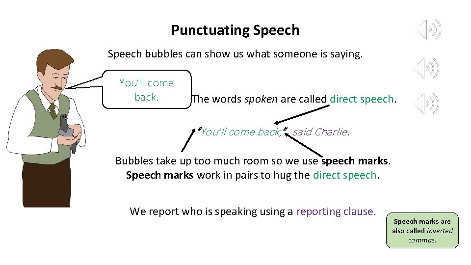 Punctuating Speech bubbles can show us what someone is saying. You’ll come back. The