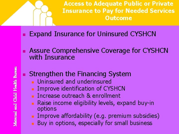 Maternal and Child Health Bureau Access to Adequate Public or Private Insurance to Pay