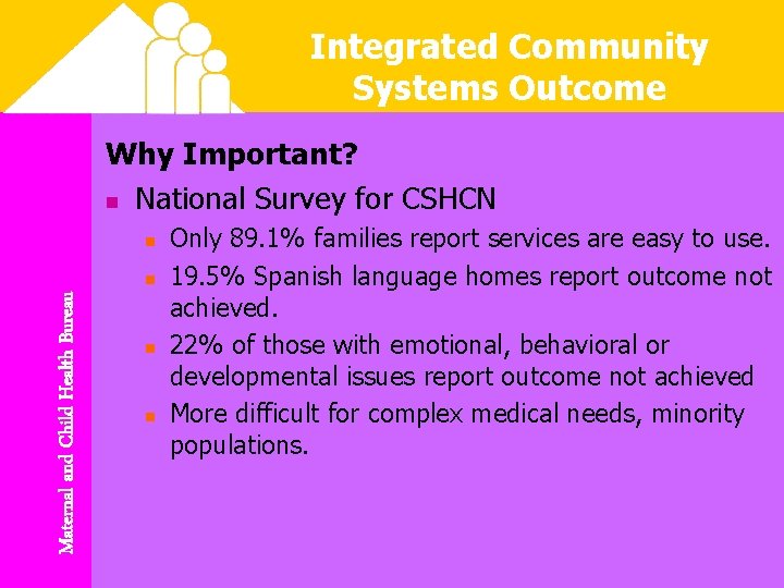 Integrated Community Systems Outcome Why Important? n National Survey for CSHCN n Maternal and