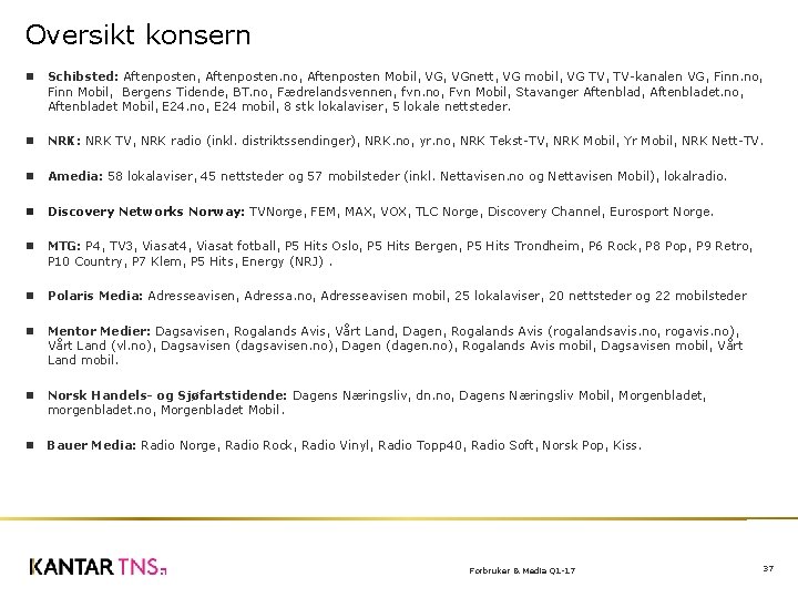 Oversikt konsern Schibsted: Aftenposten, Aftenposten. no, Aftenposten Mobil, VGnett, VG mobil, VG TV, TV-kanalen