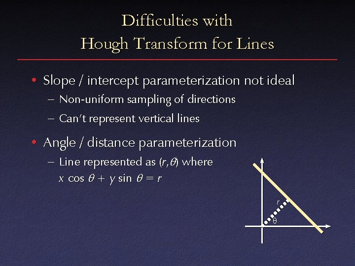 Difficulties with Hough Transform for Lines • Slope / intercept parameterization not ideal –
