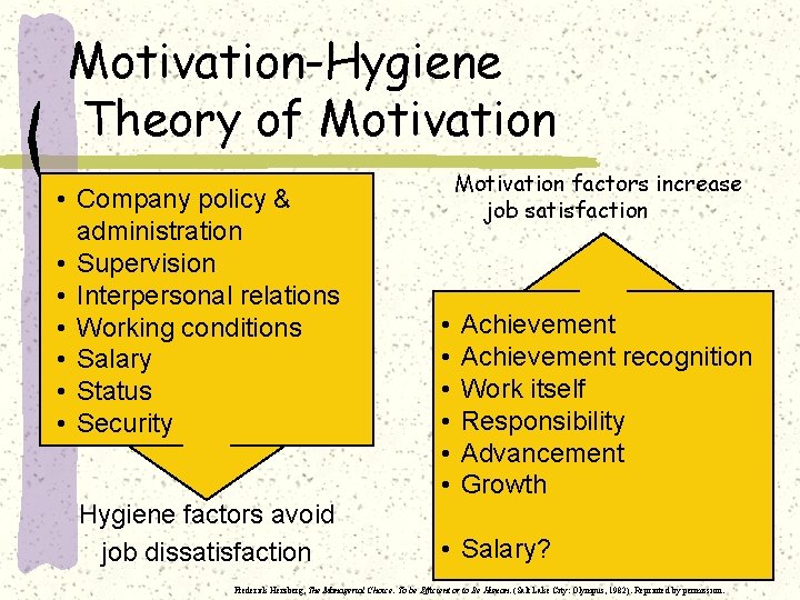 Motivation-Hygiene Theory of Motivation Hygienepolicy factors • Company & administration must • Supervision be