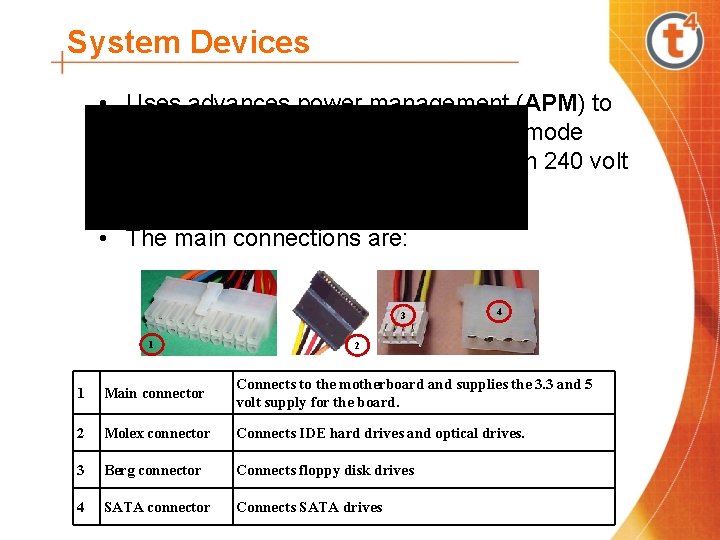 System Devices • Uses advances power management (APM) to allow the computer go into