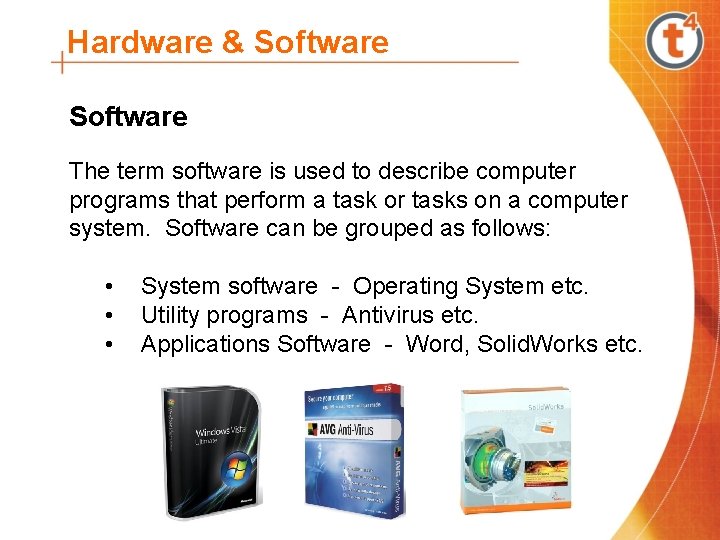 Hardware & Software The term software is used to describe computer programs that perform