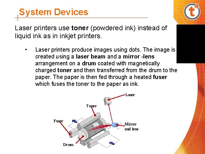 System Devices Laser printers use toner (powdered ink) instead of liquid ink as in