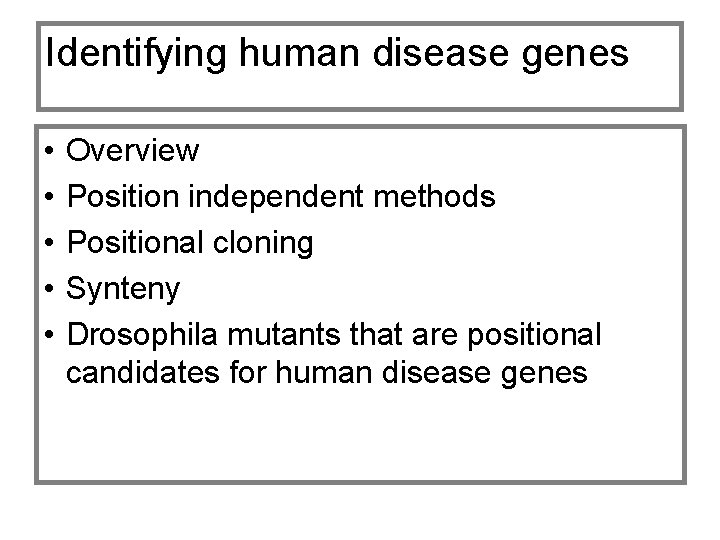 Identifying human disease genes • • • Overview Position independent methods Positional cloning Synteny