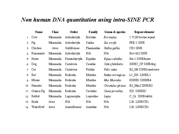 Non human DNA quantitation using intra-SINE PCR Name Class Order Family Genus & species