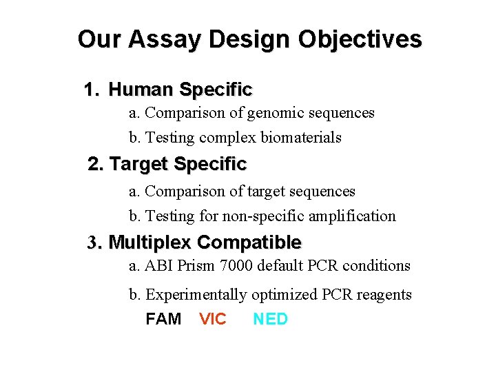 Our Assay Design Objectives 1. Human Specific a. Comparison of genomic sequences b. Testing