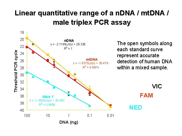 Linear quantitative range of a n. DNA / mt. DNA / male triplex PCR