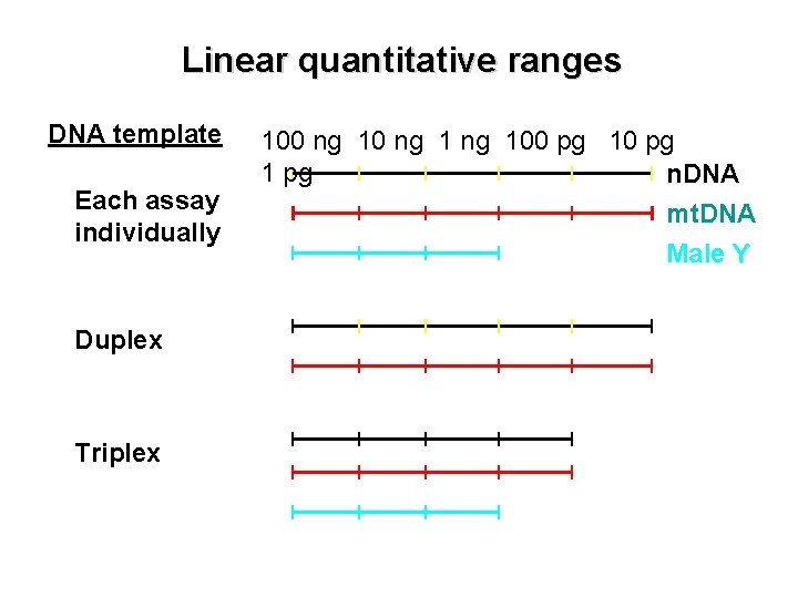 Linear quantitative ranges DNA template Each assay individually Duplex Triplex 100 ng 100 pg