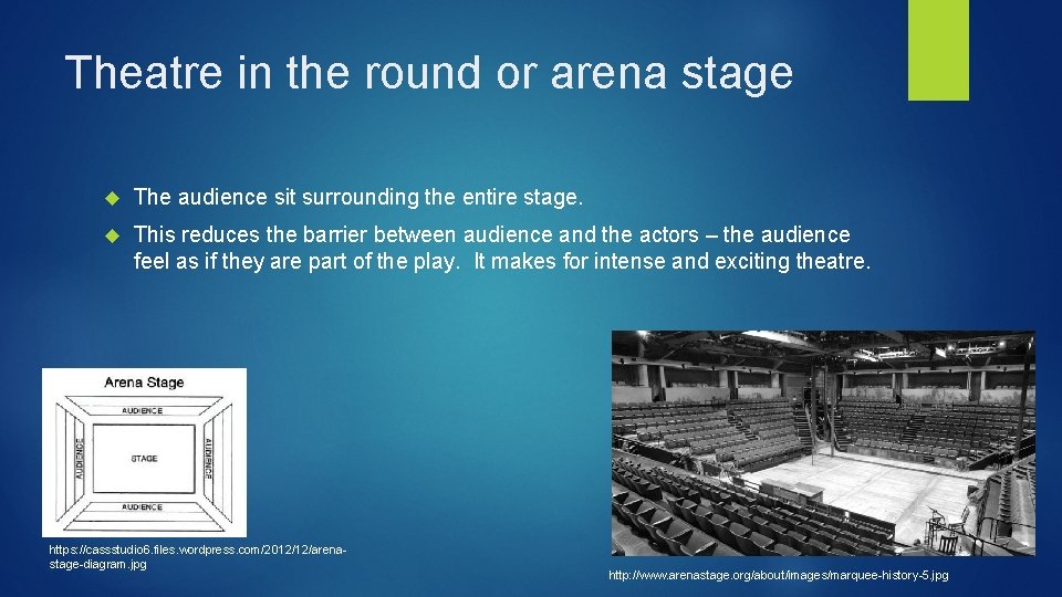 Theatre in the round or arena stage The audience sit surrounding the entire stage.