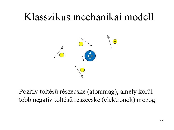 Klasszikus mechanikai modell Pozitív töltésű részecske (atommag), amely körül több negatív töltésű részecske (elektronok)
