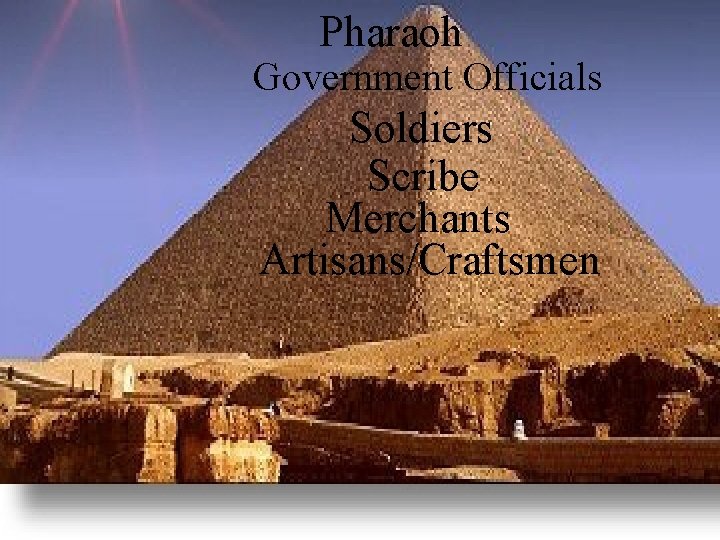 Pharaoh Government Officials Soldiers Scribe Merchants Artisans/Craftsmen 