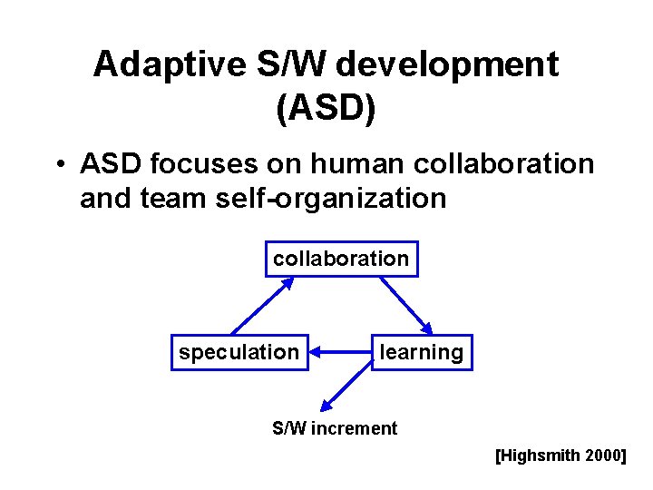 Adaptive S/W development (ASD) • ASD focuses on human collaboration and team self-organization collaboration