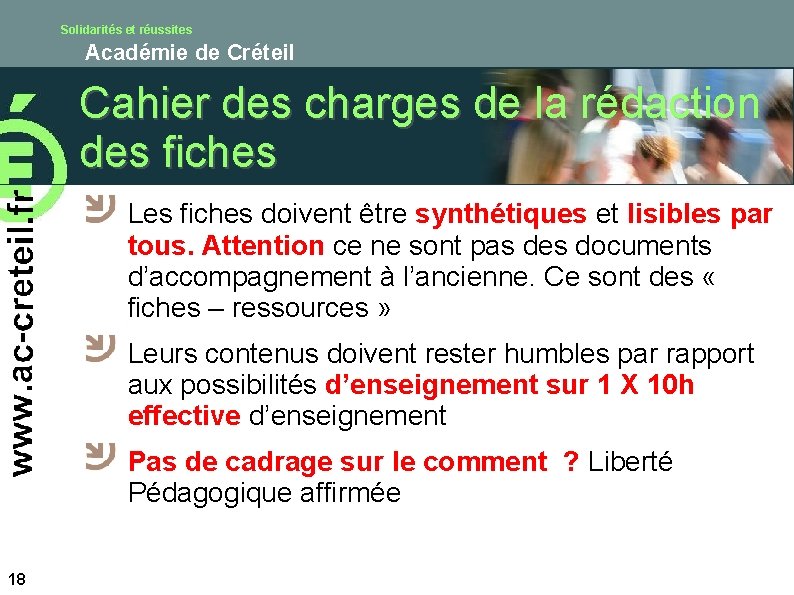 Solidarités et réussites Académie de Créteil Cahier des charges de la rédaction des fiches