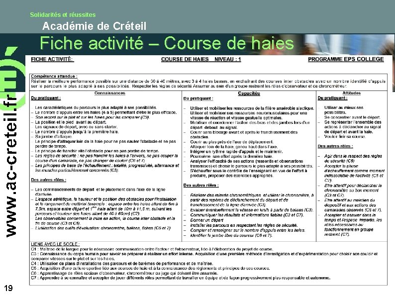 Solidarités et réussites Académie de Créteil Fiche activité – Course de haies 19 