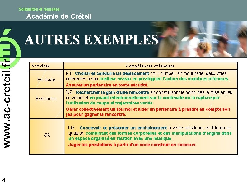 Solidarités et réussites Académie de Créteil AUTRES EXEMPLES Activités Escalade Badminton GR 4 Compétences