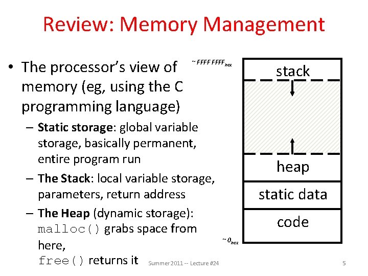 Review: Memory Management • The processor’s view of memory (eg, using the C programming