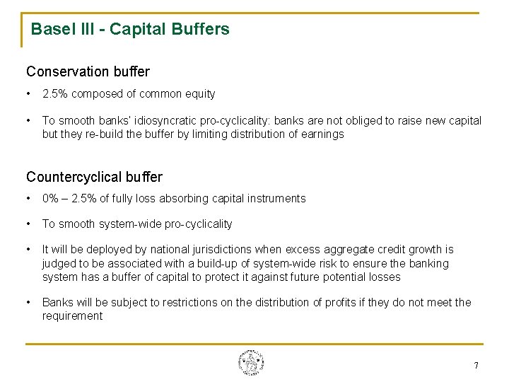 Basel III - Capital Buffers Conservation buffer • 2. 5% composed of common equity Basel III - Capital Buffers Conservation buffer • 2. 5% composed of common equity