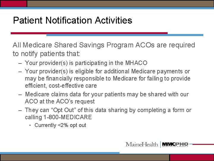 Patient Notification Activities All Medicare Shared Savings Program ACOs are required to notify patients