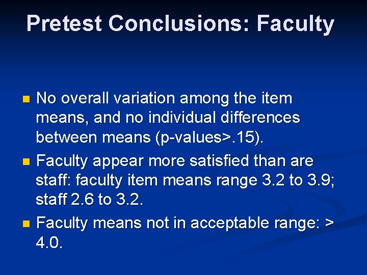 Pretest Conclusions: Faculty No overall variation among the item means, and no individual differences