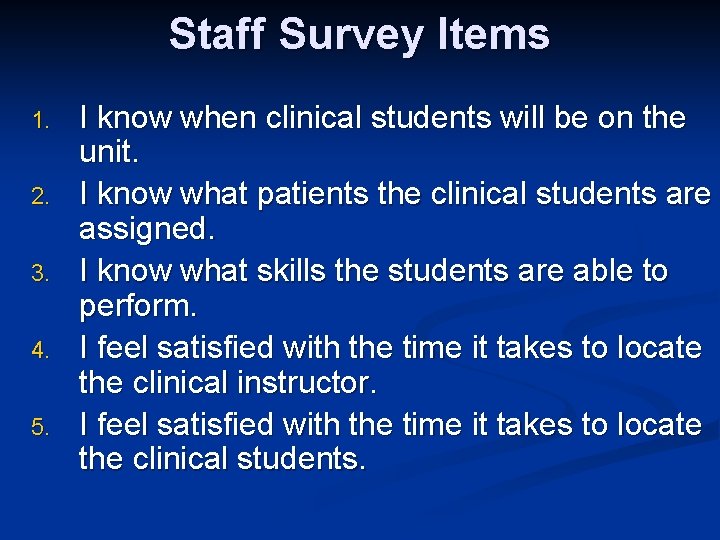 Staff Survey Items 1. 2. 3. 4. 5. I know when clinical students will