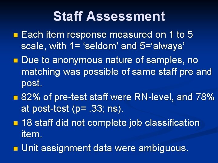 Staff Assessment Each item response measured on 1 to 5 scale, with 1= ‘seldom’