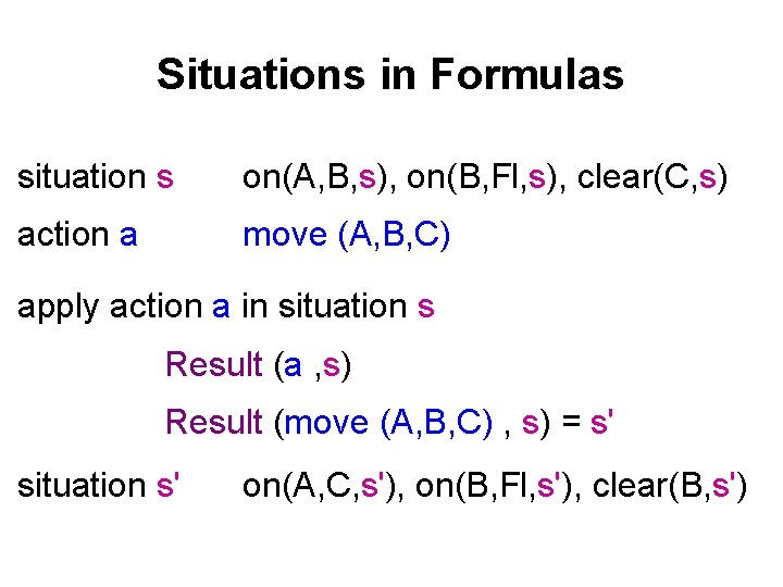 Situations in Formulas situation s on(A, B, s), on(B, Fl, s), clear(C, s) action