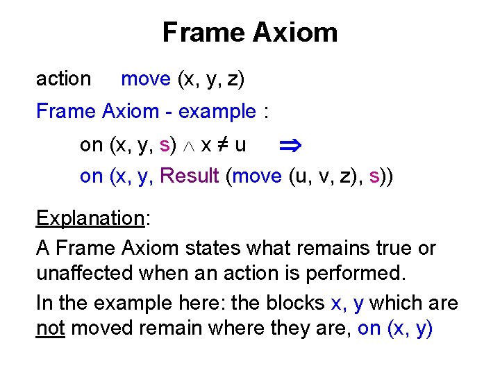 Frame Axiom action move (x, y, z) Frame Axiom - example : on (x,