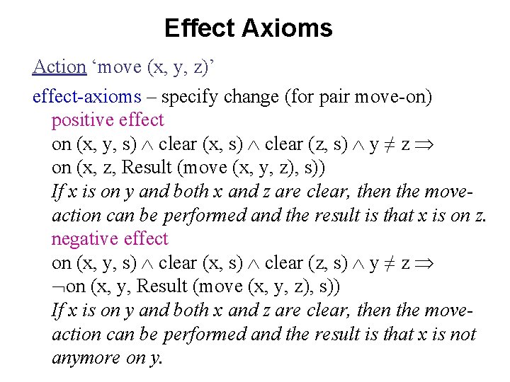 Effect Axioms Action ‘move (x, y, z)’ effect-axioms – specify change (for pair move-on)
