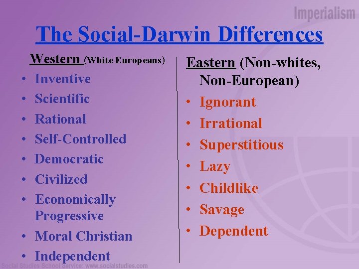 The Social-Darwin Differences Western (White Europeans) • Inventive • Scientific • Rational • Self-Controlled