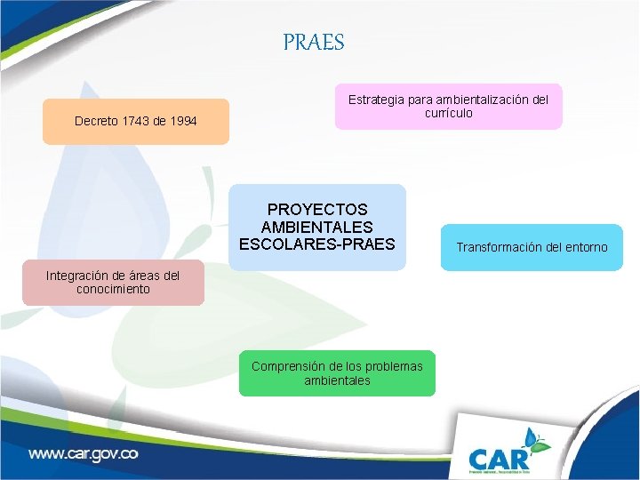 PRAES Decreto 1743 de 1994 Estrategia para ambientalización del currículo PROYECTOS AMBIENTALES ESCOLARES-PRAES Integración