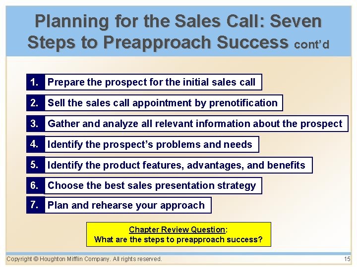 Planning for the Sales Call: Seven Steps to Preapproach Success cont’d 1. Prepare the